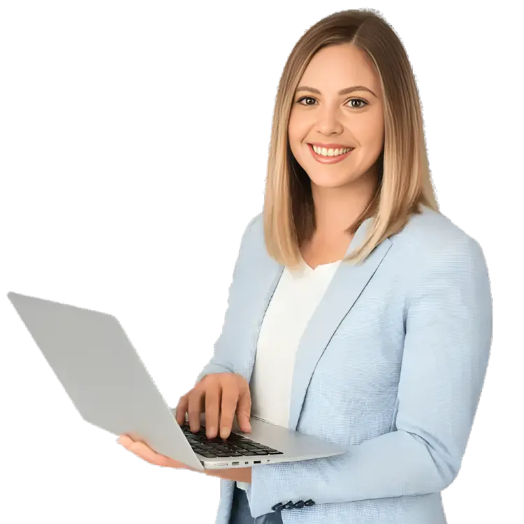 Affordable SEO services & Digital Marketing agency in baltimore : businesswoman in light blue blazer holding a laptop, isolated on white background, conveying a modern, confident, and tech-savvy professional image.